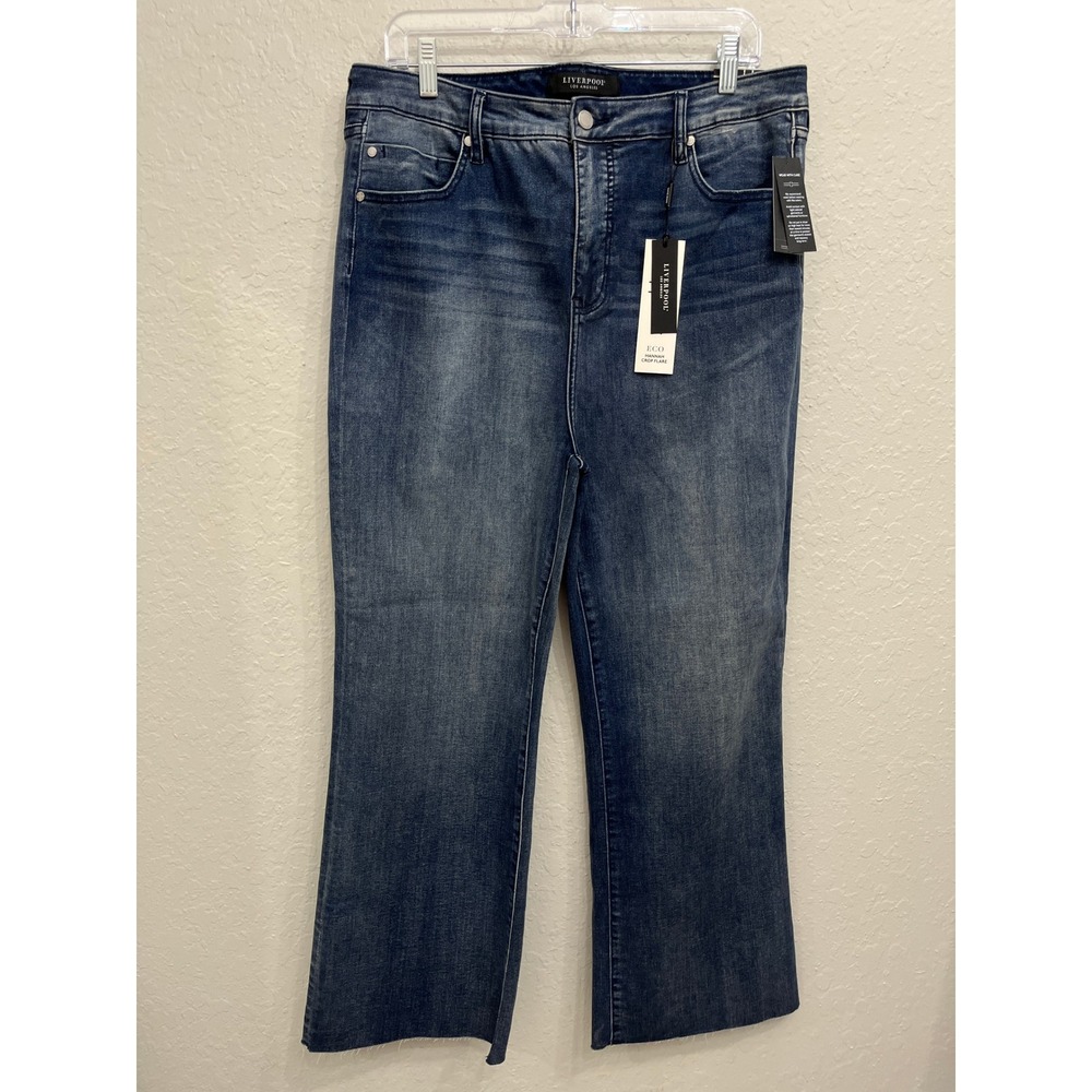 New Liverpool Hannah Crop Flare Jeans size 16/33 Medium Wash High Rise Raw Hem